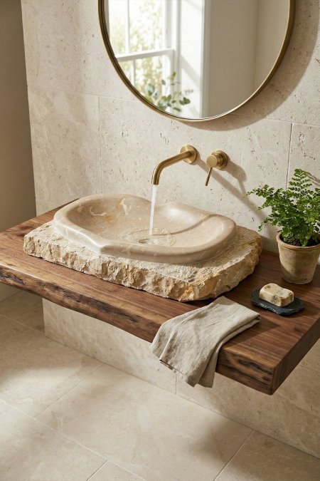 حوض مغسلة حجر طبيعي مزدوج الطبقات – 69×43 سم